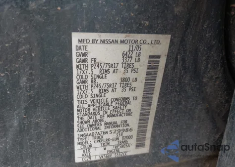 2006 Nissan Titan Xe из США, поврежденный, VIN 1N6AA07A76N529986